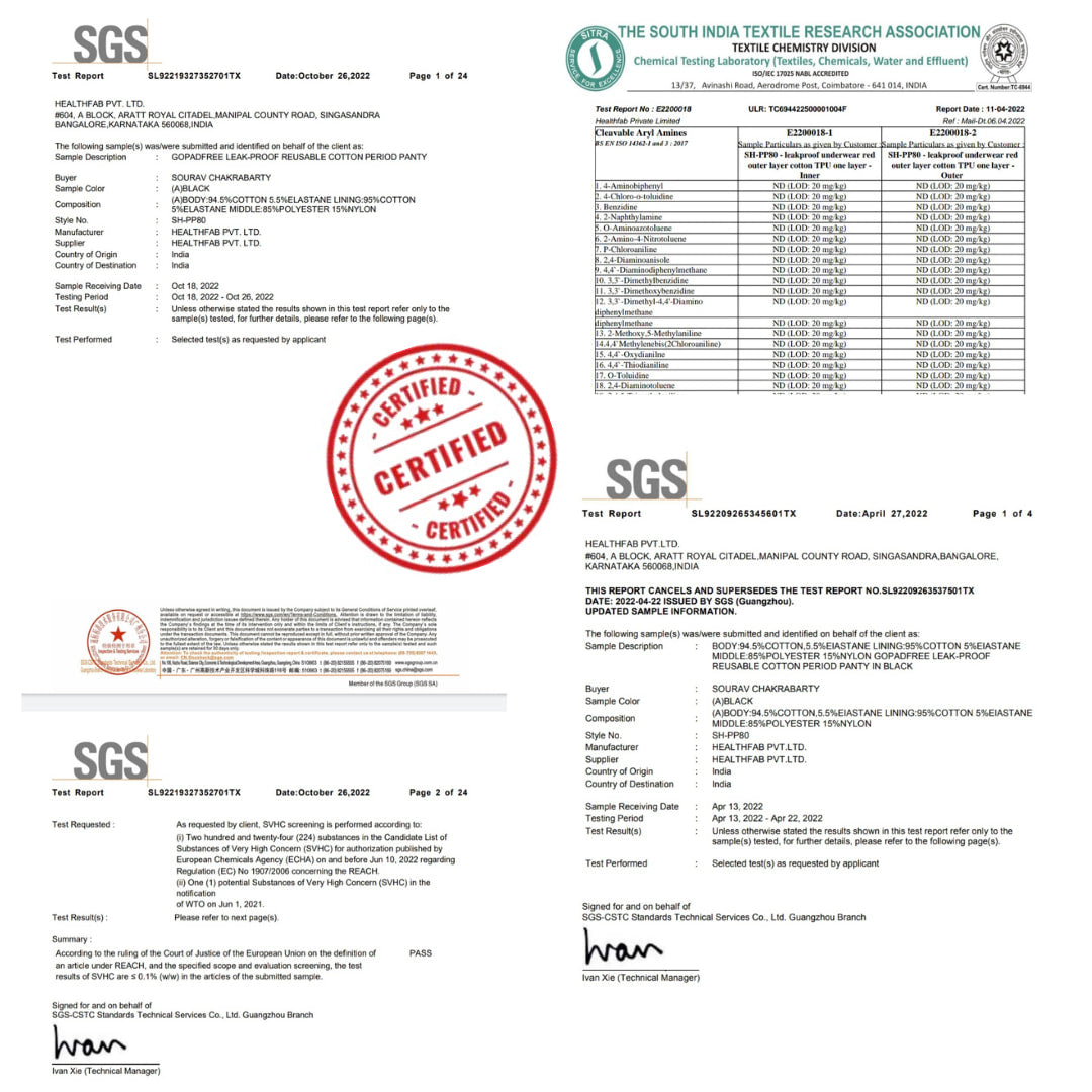 Certificate of Safety, toxin and chemical free - Healthfab GoPadFree