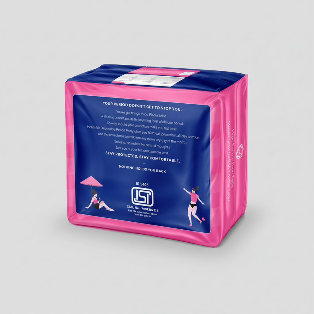Pink and blue package of menstrual products on a light gray background