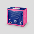Pink and blue package of menstrual products on a light gray background