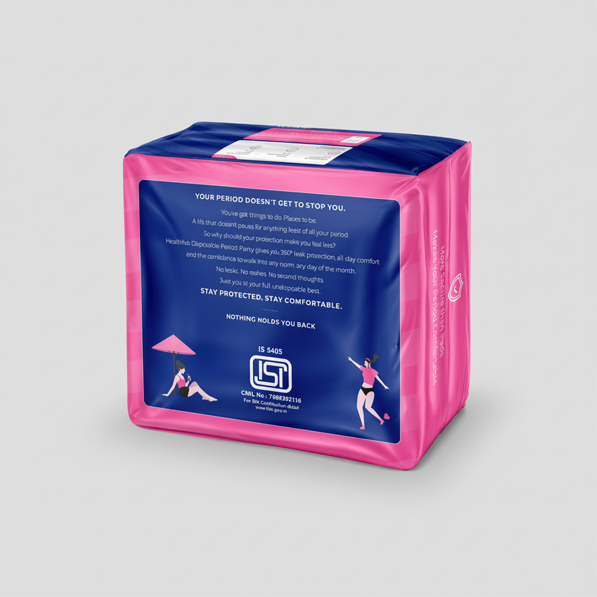 Pink and blue package of menstrual products on a light gray background