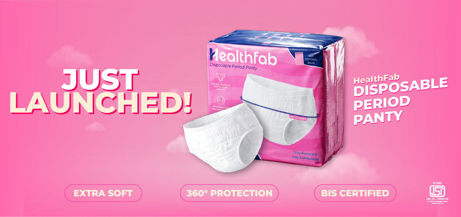 HealthFab disposable period panty packaging on a pink background with promotional text.