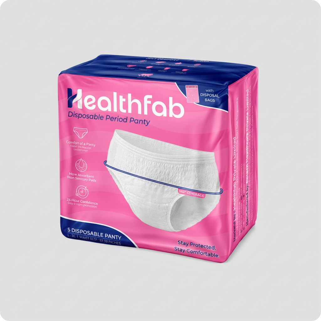 Healthfab disposable period panty packaging on a light gray background