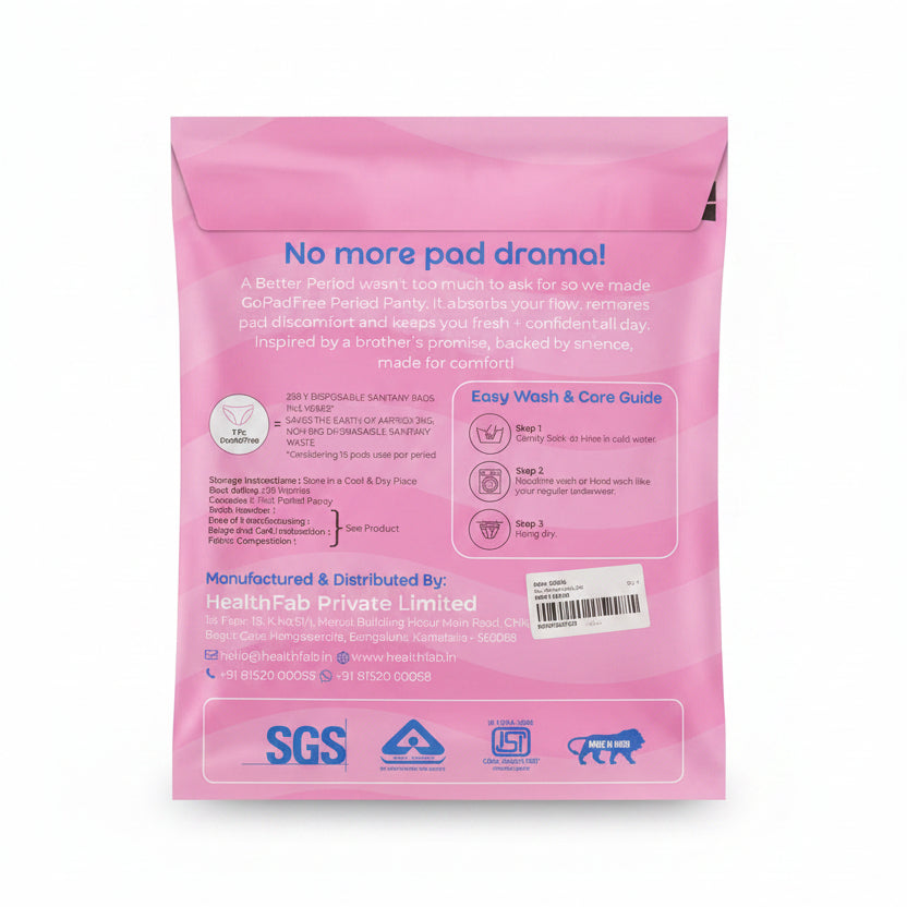 Period product packaging with branding and instructions on a white background