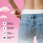 Person wearing light blue jeans with a pink background and text about menstrual products.